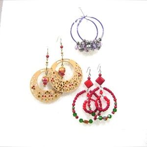 Set of Handcrafted Hoop Earrings Wood rhinestone Accents Red Green Crystals